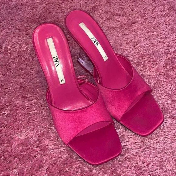 Zara Pink Satin Heeled Methacrylate Mule Sandals - Picture 1 of 6
